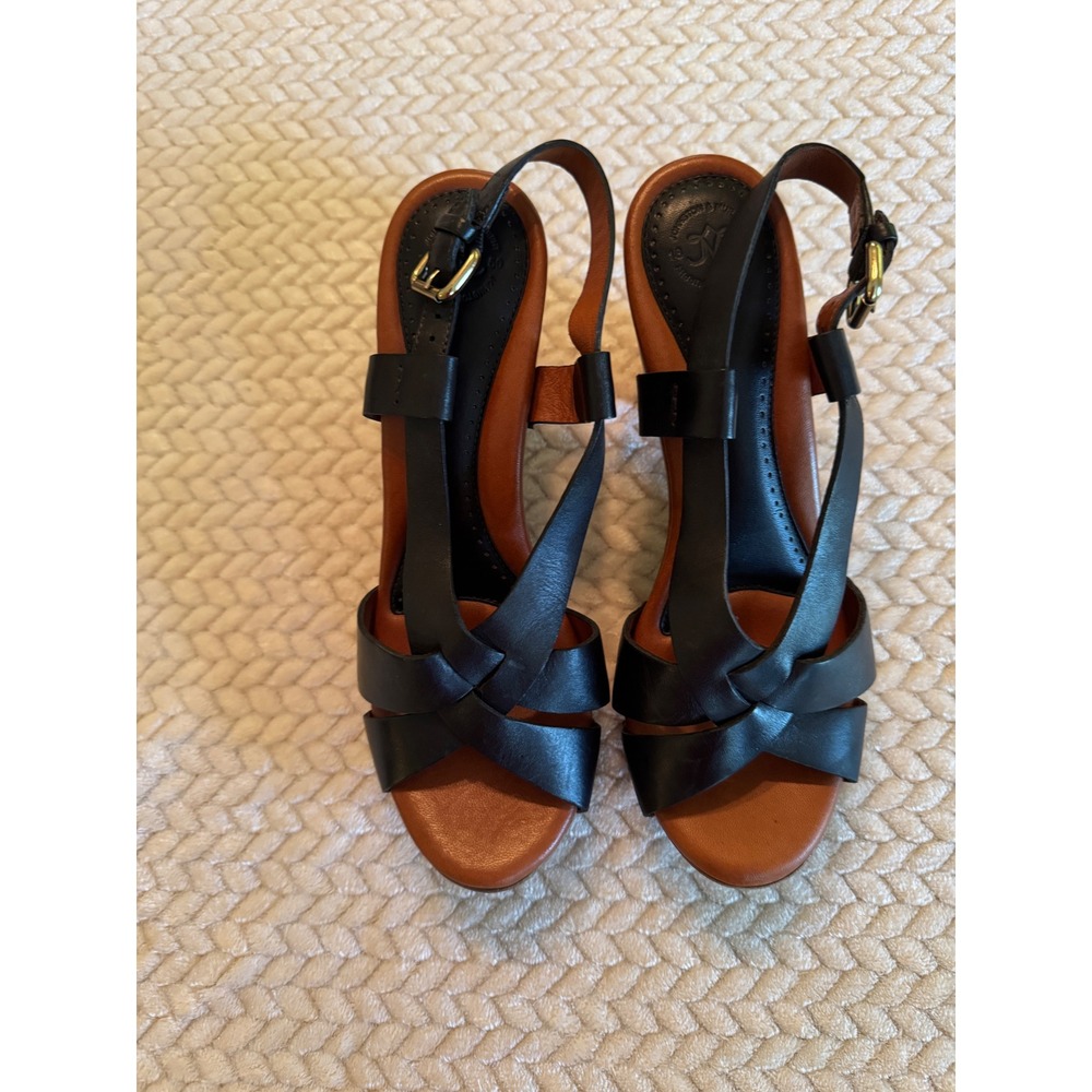 Johnston & Murphy Black Leather Wood Block Heel Platform Slingback Sandals 8